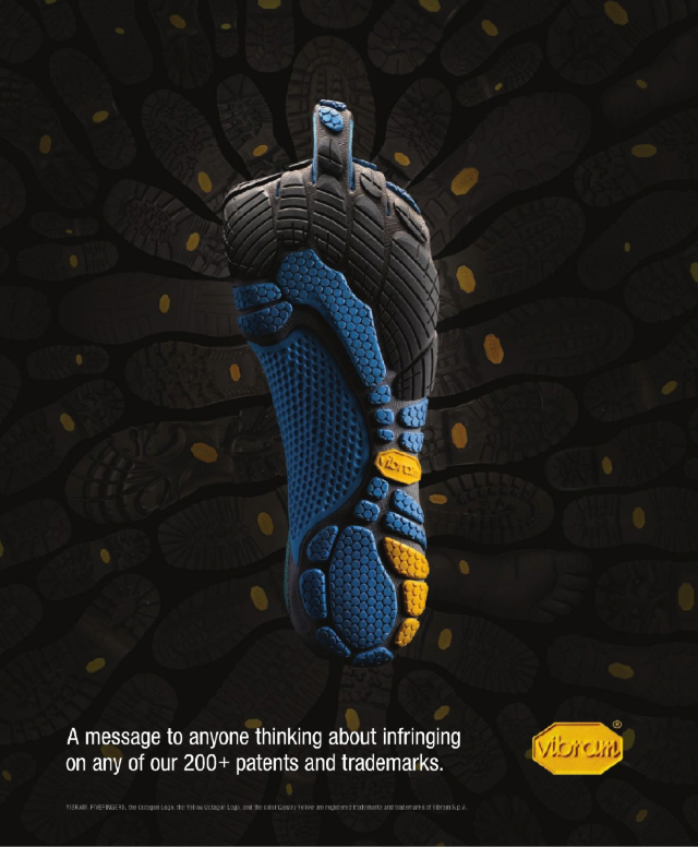 The back of Footwear Plus magazine, Vibram has a special message "to anyone thinking about infringing on any of our 200+ patents and trademarks."
