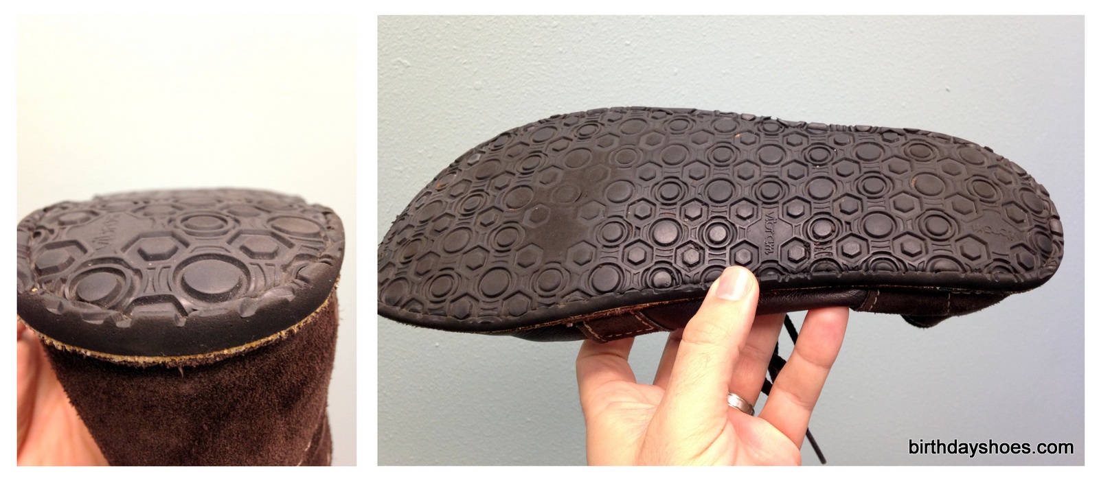 The sole holds up well to walking (left), but daily push scooter rides have worn down the forefoot (right).