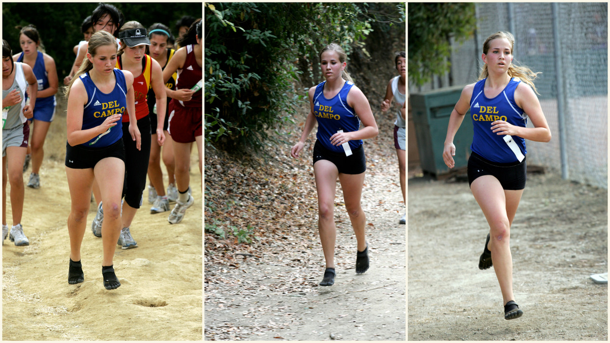 Courtney has been running cross country in her Five Fingers since the fall despite running into the occasional skeptical coach.  Note Courtney's face compared to her fellow competitors as she bounds up the hill.  Speaks volumes!