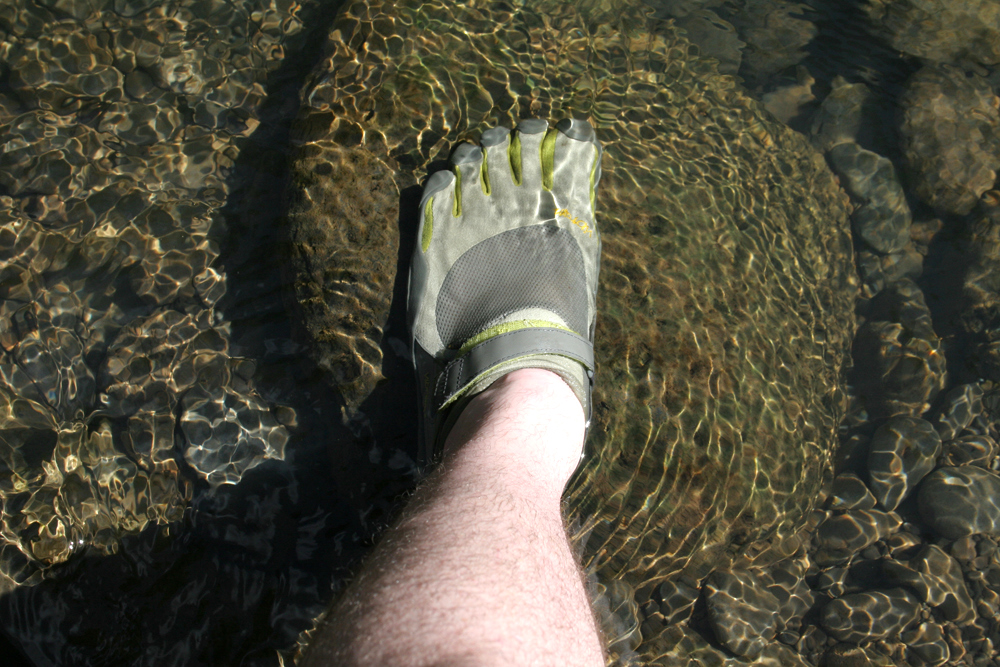 Mountain streams pose no problems for KSO-clad feet. Ryan bounds into a stream in Maui!