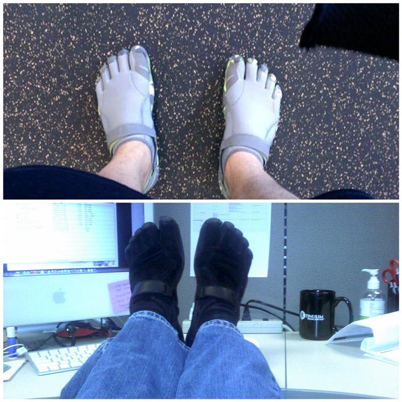 Top: Derik wears his Flow Five Fingers to the gym.  Bottom: Derik sports his black KSO Trek Five Fingers to work!