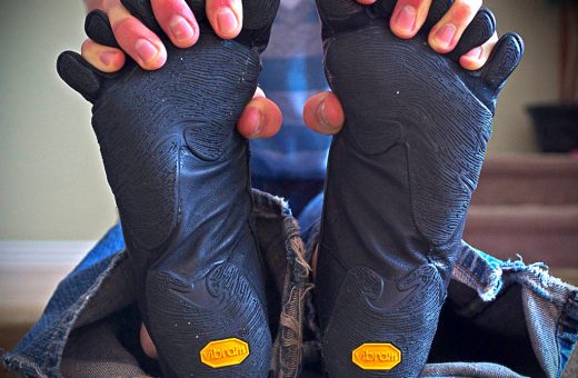 Trevor demonstrates the flexibility he gets in his Moc Vibram Five Fingers by putting his fingers between the toes!  This photo provides a nice look at the underside of the kangaroo leather Moc VFF, too!