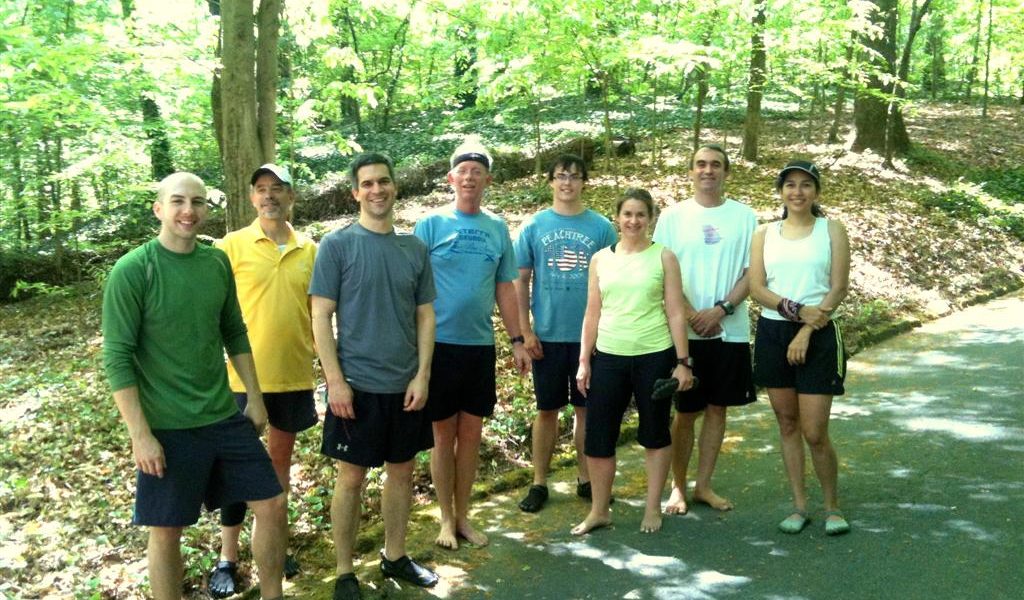 Check out this motley crew of barefoot and minimally shod (Vibram Five Fingers) runners, as organized for a trail run at Lullwater Park here in Atlanta, Georgia (BirthdayShoes headquarters) by the Barefoot Runners Society.  Note the President of the BRS i