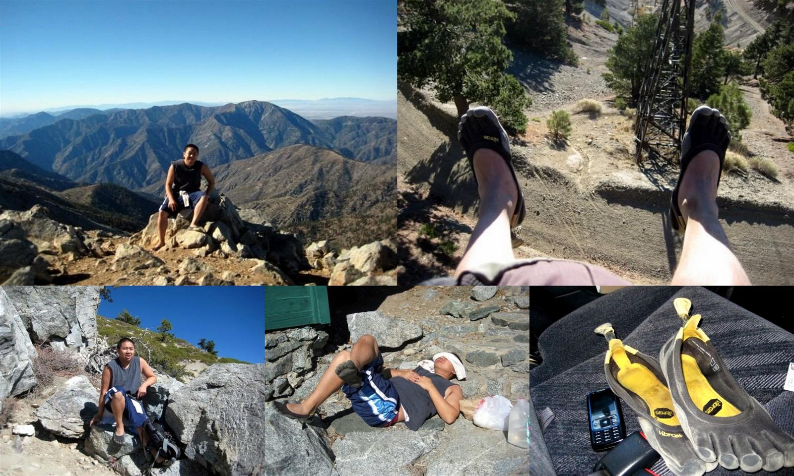 A photo-montage of Hieu's hike up Mt. Baldy, California, in his black Classic VFFs.