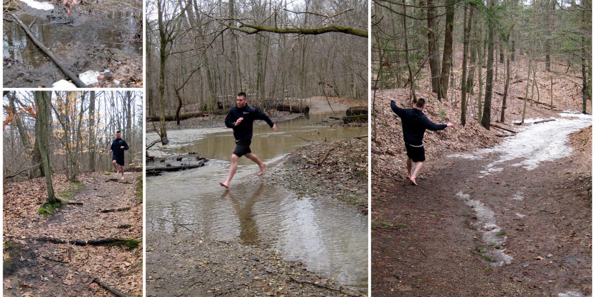 Jason Robillard of Barefoot Running University demonstrates barefoot running on the trails in Michigan.