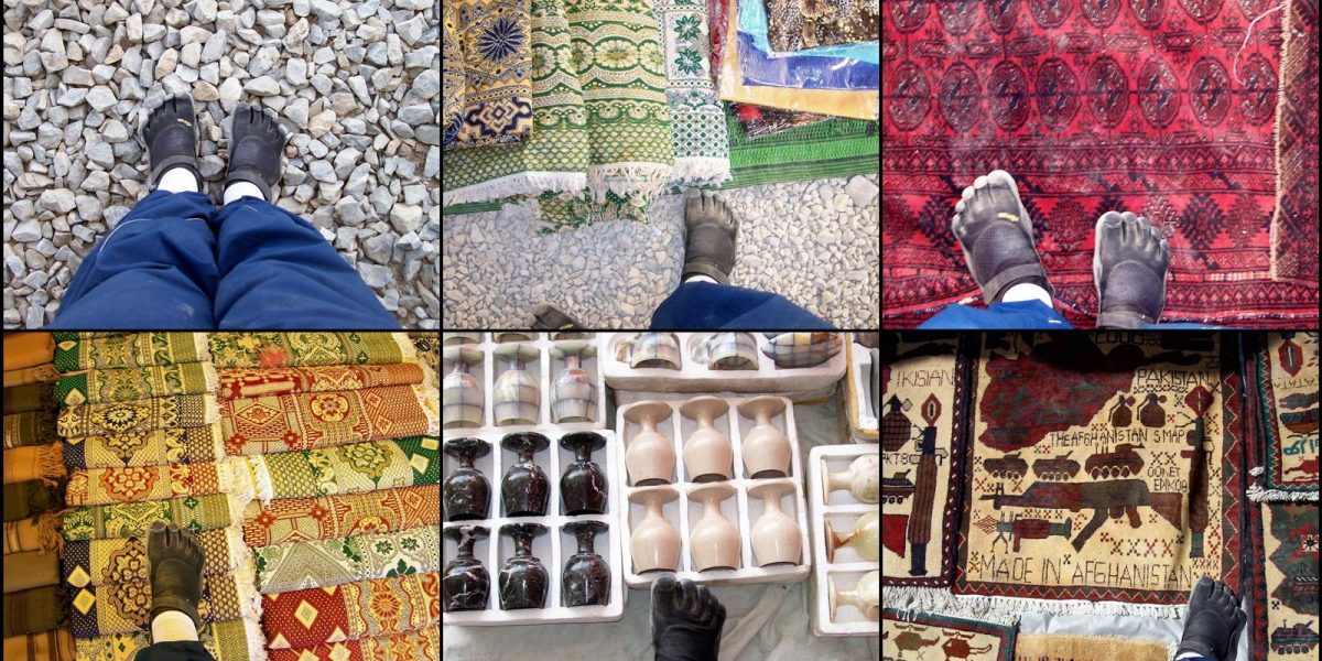 Above are John's black KSOed feet photoed as he strolled about an Afghanistan bazaar in his fivefingers.