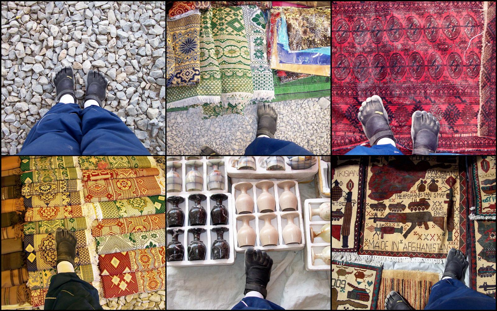 Above are John's black KSOed feet photoed as he strolled about an Afghanistan bazaar in his fivefingers.
