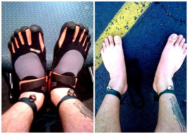 LEFT: Joshua wore his black and orange KSO Five Fingers before taking them off (RIGHT) to run the Jingle Bell 5k.  Note the ankle bells!