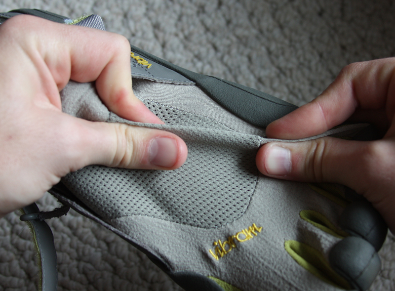 By pinching the fabric of the KSO Vibram Five Fingers, I can demonstrate just how thin it is.