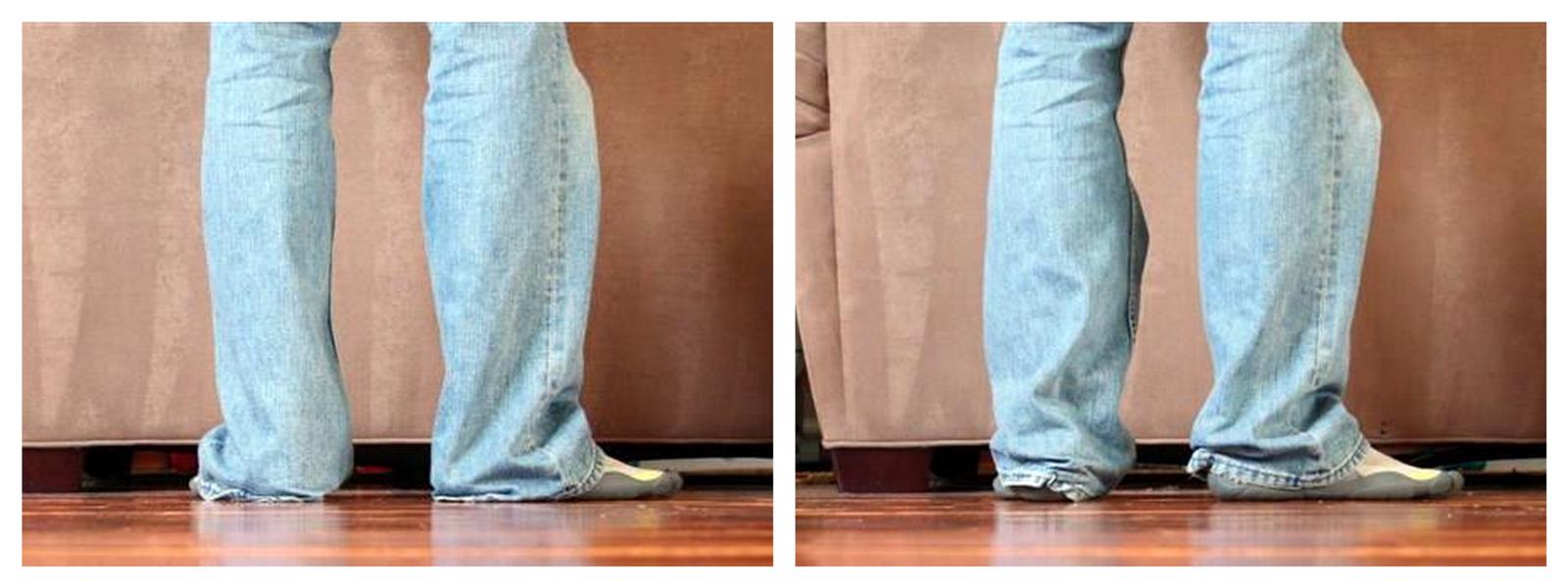 A side-by-side comparison of me wearing jeans with my KSO Vibram Five Fingers.  These jeans would be the right length for normal footwear, but with KSOs, they drag behind the heels.  By using an S-Biner, I'm able to keep my pants off the ground!