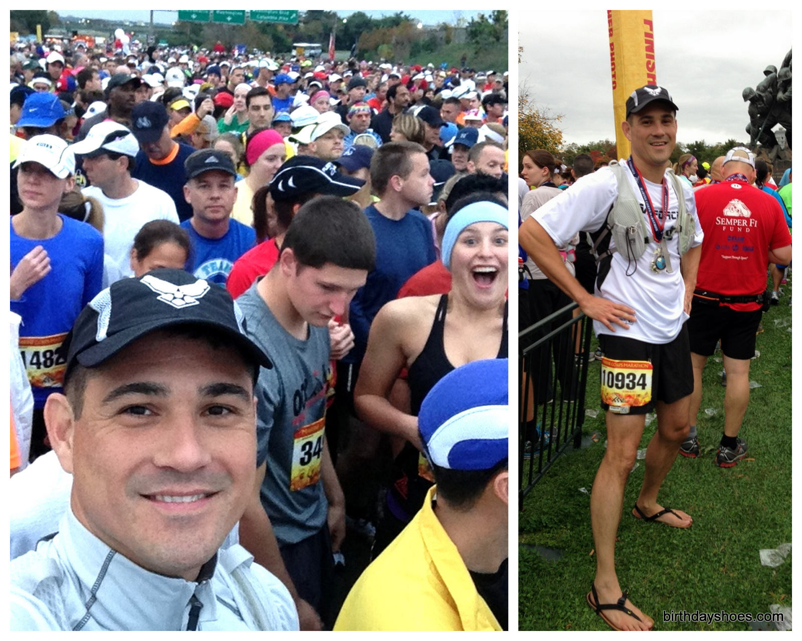 James (bottom left — nevermind the smiling runner photo-bombing him!) before and after running 26.2 miles in his Luna Sandals huaraches in the Marine Corps Marathon.