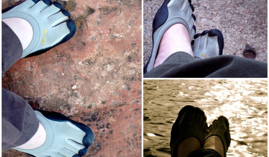 Photo inset: Left Classic Vibram Five Fingers at Colorado Springs, Colorado (August 2009); Top right Classic VFFs at Red Rocks Amphitheater waiting on a show to start (August 2009); Bottom right Classics at Angel Fire, New Mexico (May 2009).