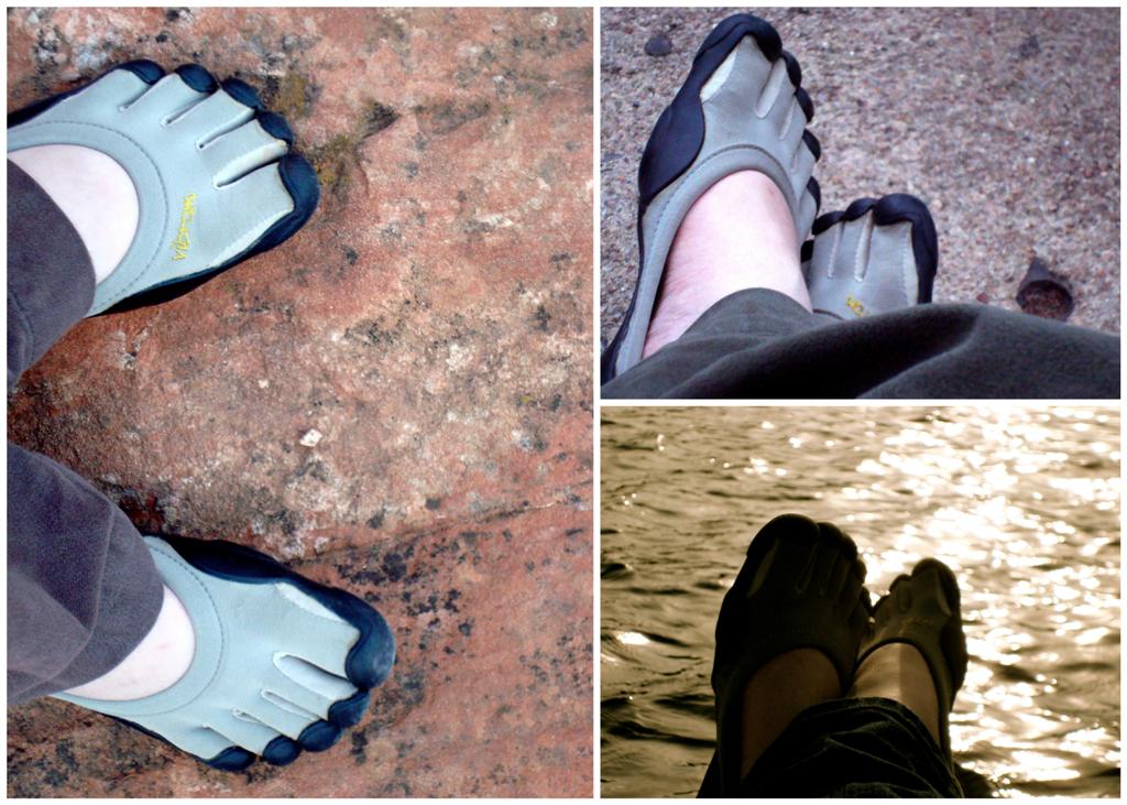 Photo inset: Left Classic Vibram Five Fingers at Colorado Springs, Colorado (August 2009); Top right Classic VFFs at Red Rocks Amphitheater waiting on a show to start (August 2009); Bottom right Classics at Angel Fire, New Mexico (May 2009).