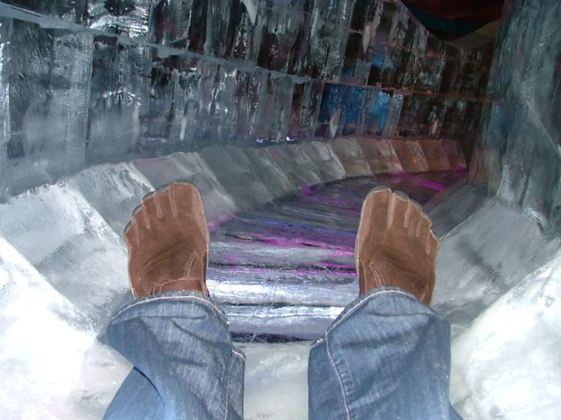 At an Ice Exhibit in Dallas, Patrick rides down an icy slide!