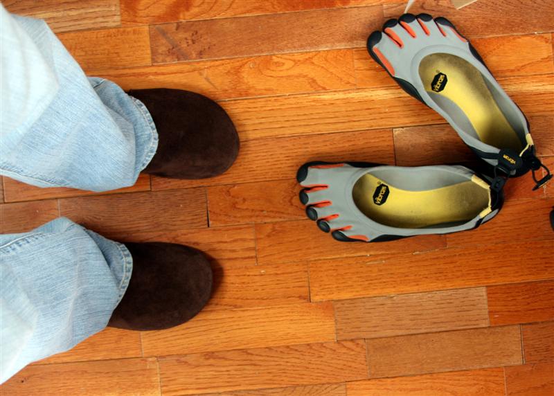 What's that on my feet?  Those are Soft Star Moccasins — giving my Classic FiveFingers a break and enjoying the comforts of a soft soled, sheepskin inner footbed, "barefoot shoe."