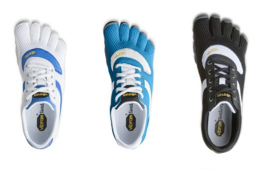 From left to right, the Vibram FiveFingers Speed in white/blue (women's), teal/white (women's), and black/white (men's).