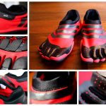 Various up close shots of the Adidas Adipure Trainer toe shoes show the strapless/laceless upper and the five-toed, dual material sole design.