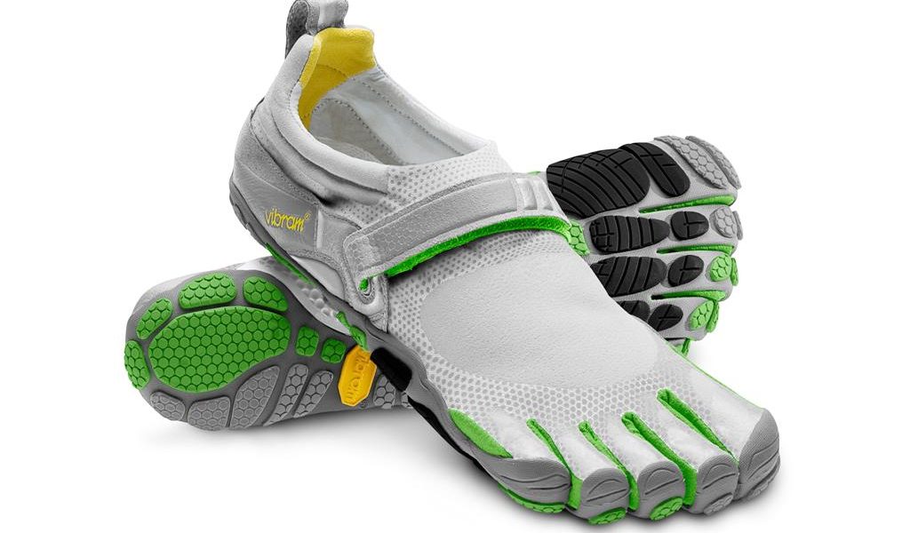 The Vibram Five Fingers Bikila in the grey and bright green (tween the toes) color combination for women.