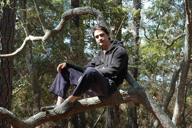 Chris is up a tree in his green/gray KSO Vibram Five Fingers shoes at the Outer Banks of North Carolina.