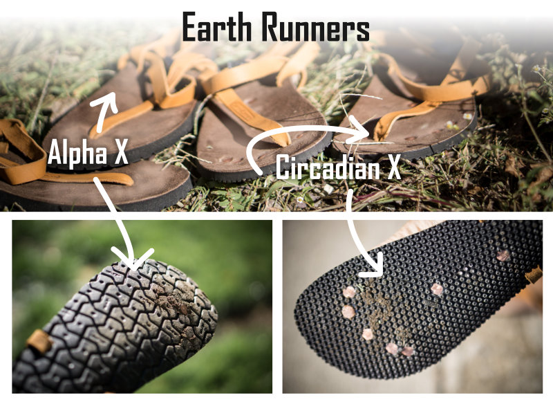 Above you can see the Earth Runners Alpha X (no conductive inserts, 11mm Vibram Woodstock "jigsaw" sole) and the Earth Runners Circadian X (conductive inserts that run through the sole, which is an 8mm Vibram Sport Utility "nubby" sole