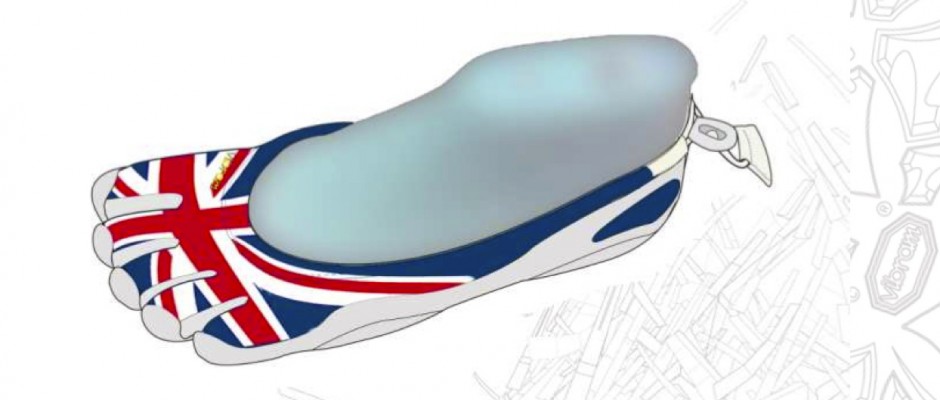 A mock-up image of the United Kingdom Union Jack-flag styled Classic FiveFingers, a limited edition colorway being released sometime in the summer of 2012 for the Olympics!