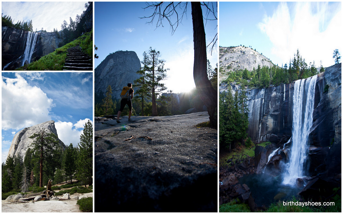 Hiking up Yosemite's Half Dome you pass some huge waterfalls and ascend a ton of stairs.