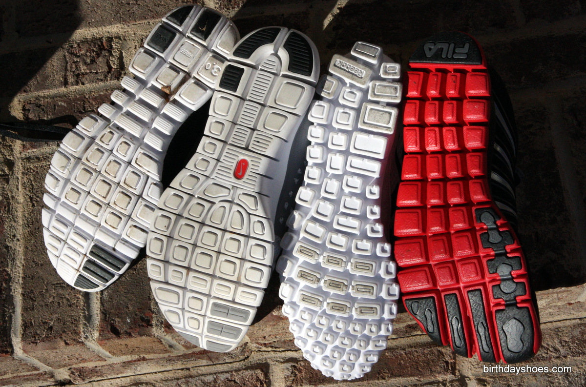 From left to right, the Nike Free 3.0, Nike Free Run+ or 5.0, Reebok Realflex, and Fila Skele-toes.