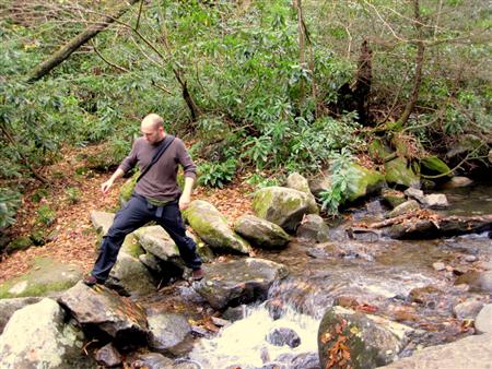 Managing a creek bed on a hike in the Smokey Mountains in the KSO Trek FiveFingers.